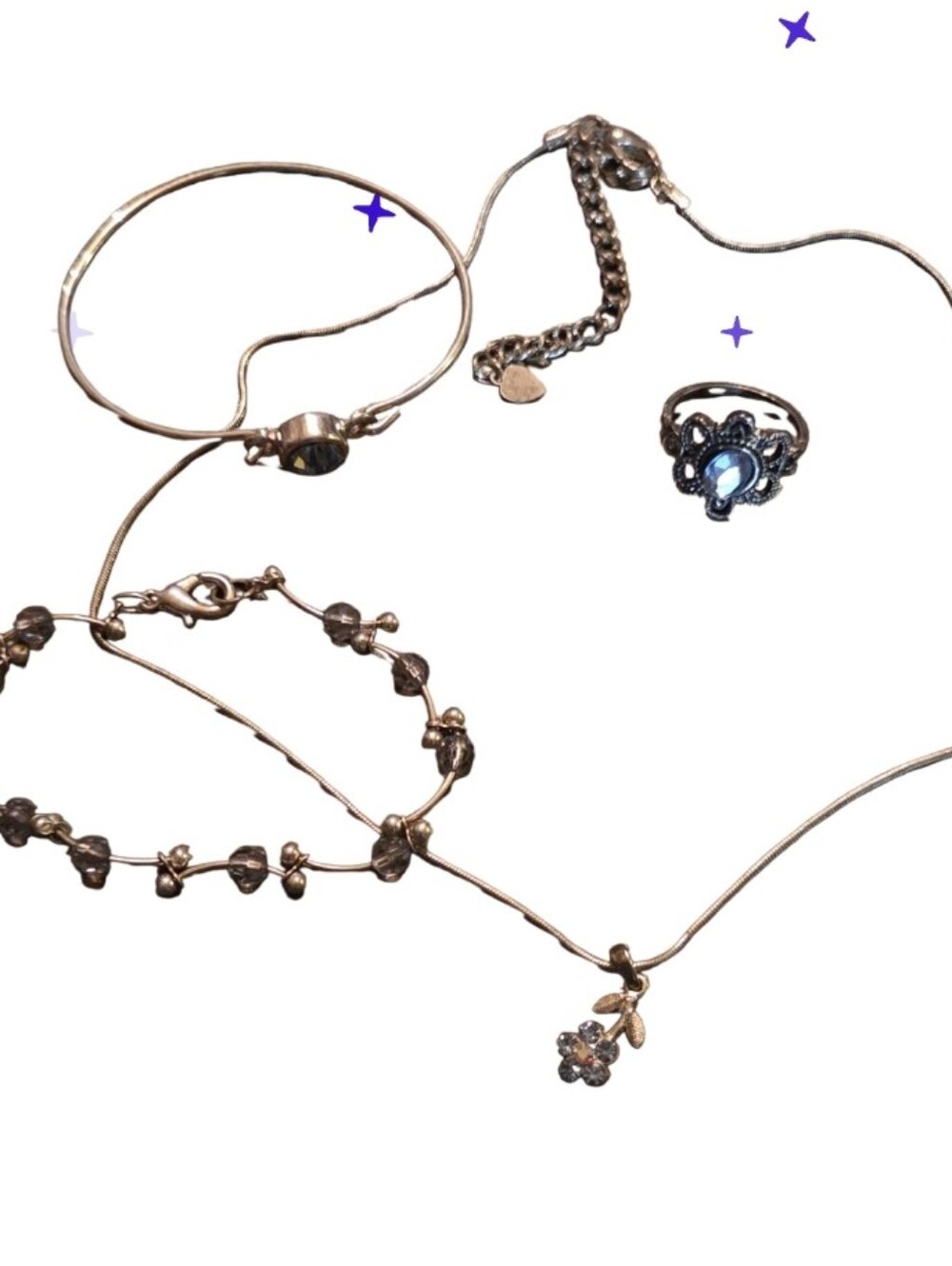 Delicate Silver Tone Necklace and Bracelet Set with Blue Stone Ring